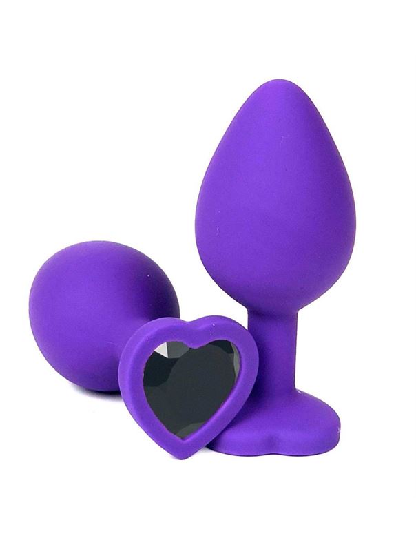 Фиолетовая силиконовая анальная пробка с черным стразом-сердцем (8,5 см)