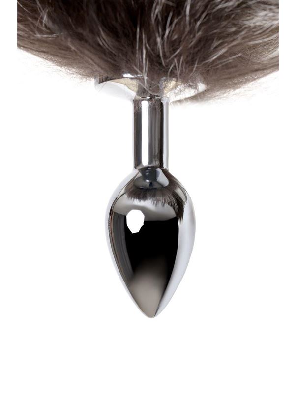 Серебристая металлическая анальная пробка с хвостом чернобурой лисы (размер S)