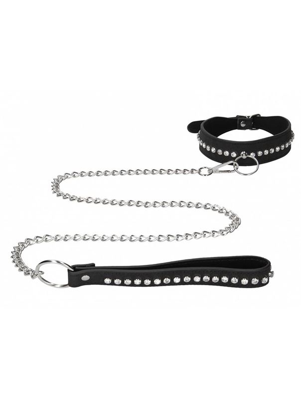 Черный ошейник с поводком Diamond Studded Collar With Leash