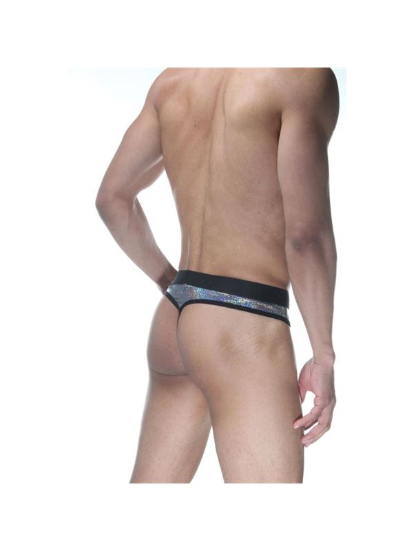Серебристые блестящие мужские трусы-стринги
