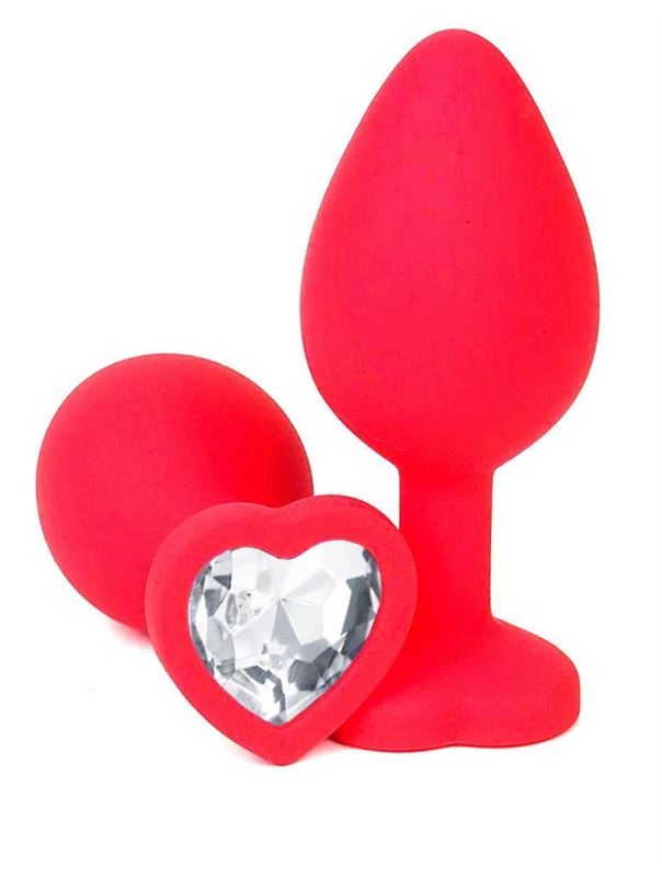 Красная силиконовая анальная пробка с прозрачным стразом-сердцем (8,5 см)