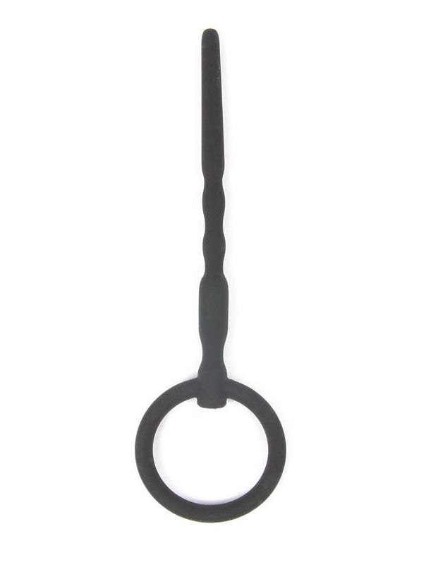 Чёрный уретральный стимулятор с колечком-ограничителем (9,5 см)