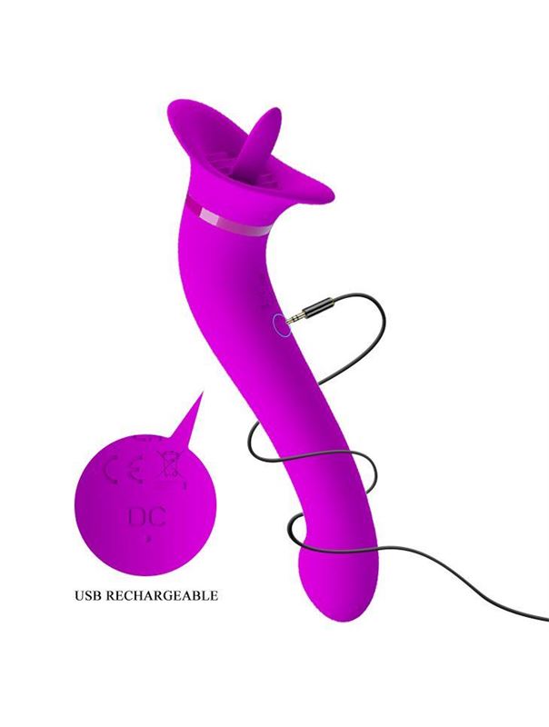 Лиловый двусторонний вибратор Faust с подвижным язычком (21,9 см)