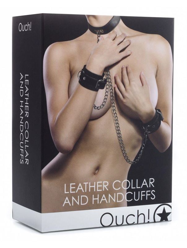Чёрный комплект для бондажа Leather Collar and Handcuffs 
