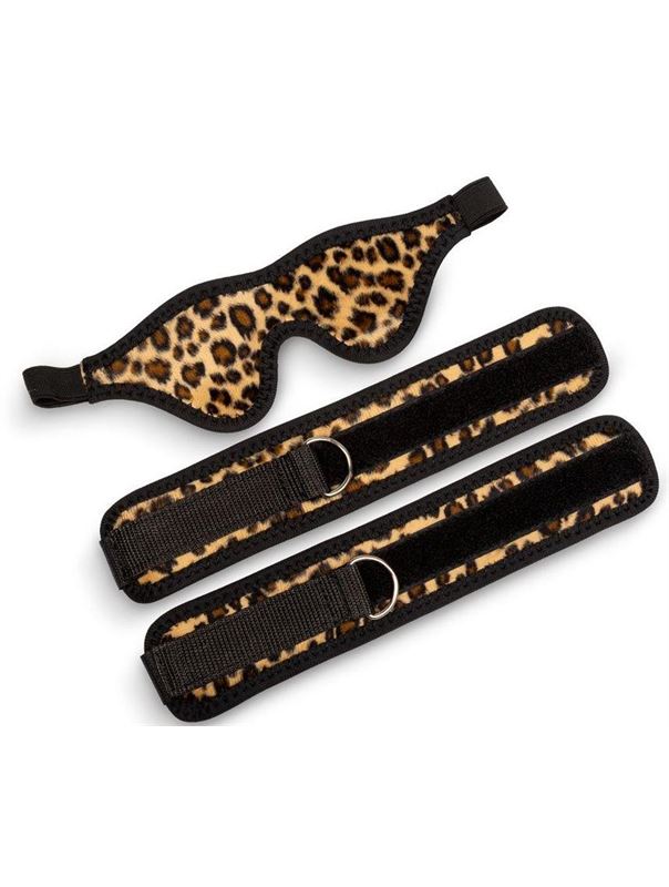 Черно-леопардовый бдсм комплект: наручники на липучке и маска без прорезей