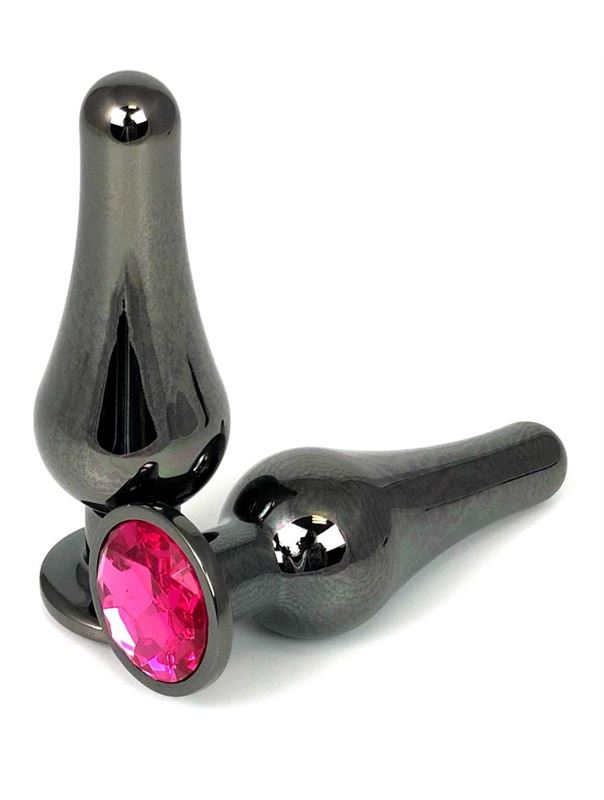 Черная удлиненная анальная пробка с розовым кристаллом (10 см)