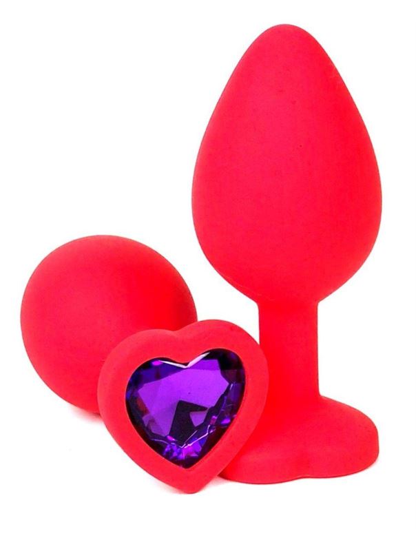 Красная силиконовая анальная пробка с фиолетовым стразом-сердцем (10,5 см)