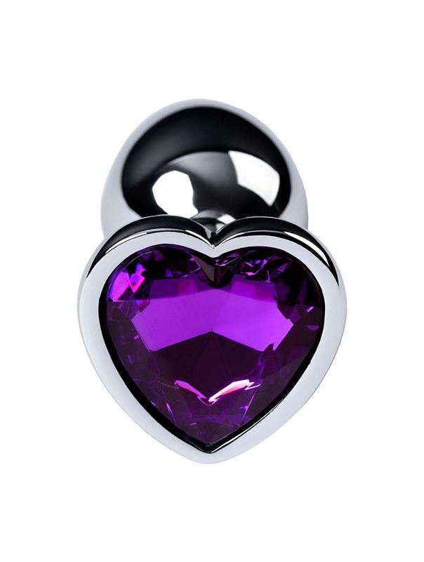 Серебристая коническая анальная пробка с фиолетовым кристаллом-сердечком - 7 см.