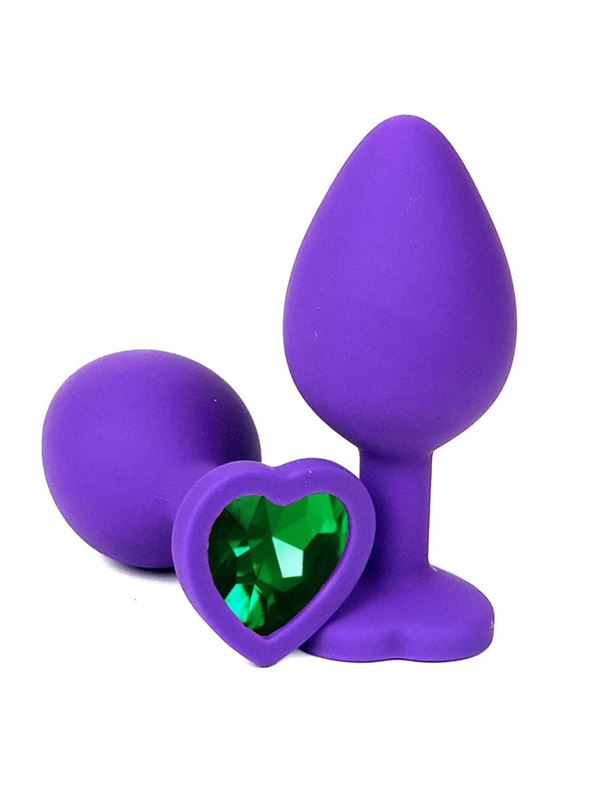 Фиолетовая силиконовая анальная пробка с зеленым стразом-сердцем (8 см)
