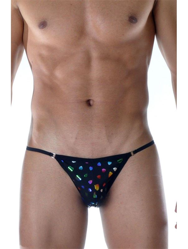 Черные мужские трусы-танга с разноцветными сердечками