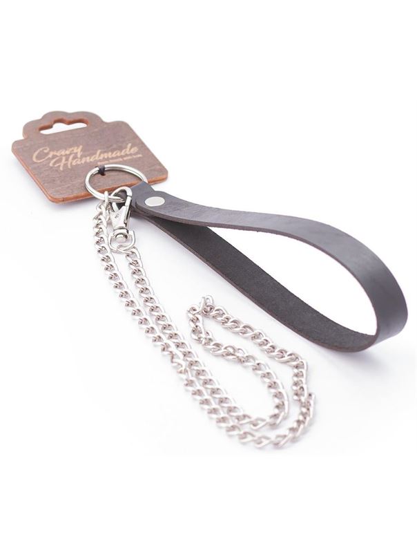 Серебристый металлический поводок с кожаной черной ручкой (80 см)