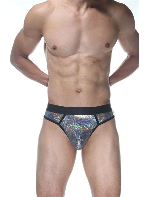 Серебристые блестящие мужские трусы-стринги