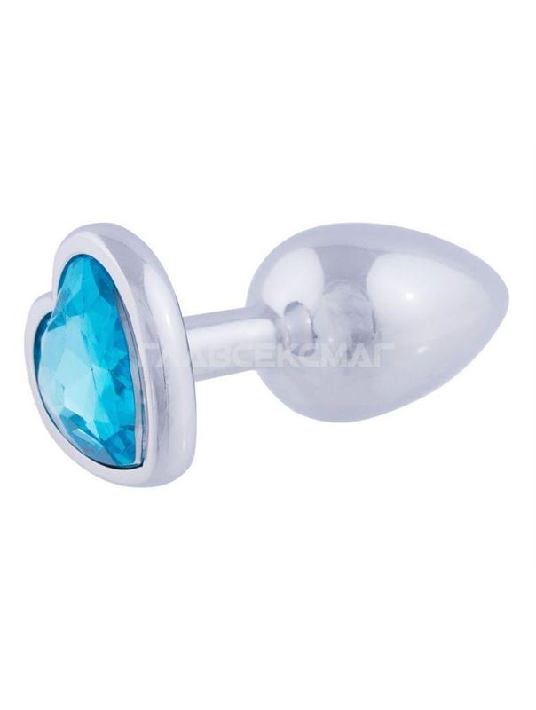 Серебристая анальная пробка с голубым кристаллом-сердцем (7 см)