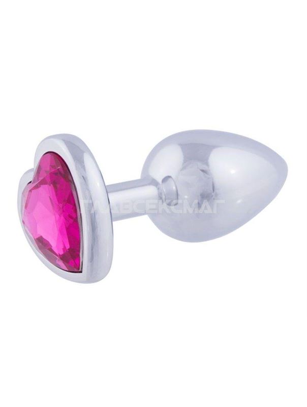 Серебристая анальная пробка с ярко-розовым кристаллом-сердцем (7 см)