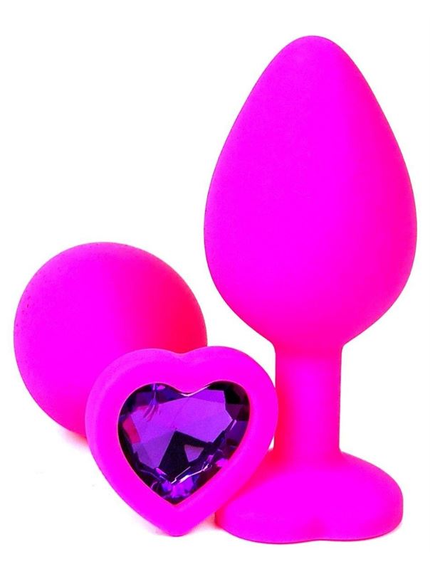 Розовая силиконовая пробка с фиолетовым кристаллом-сердцем (8 см)