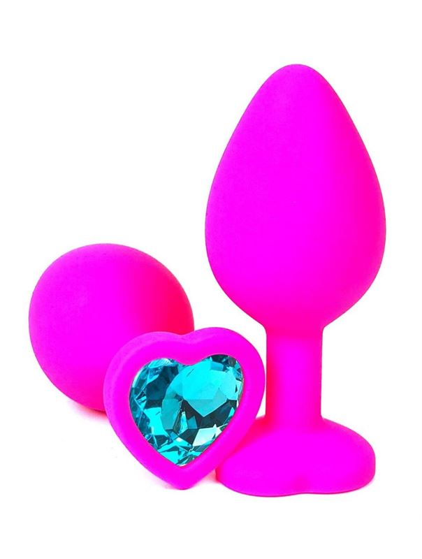 Розовая силиконовая пробка с голубым кристаллом-сердечком (8 см)
