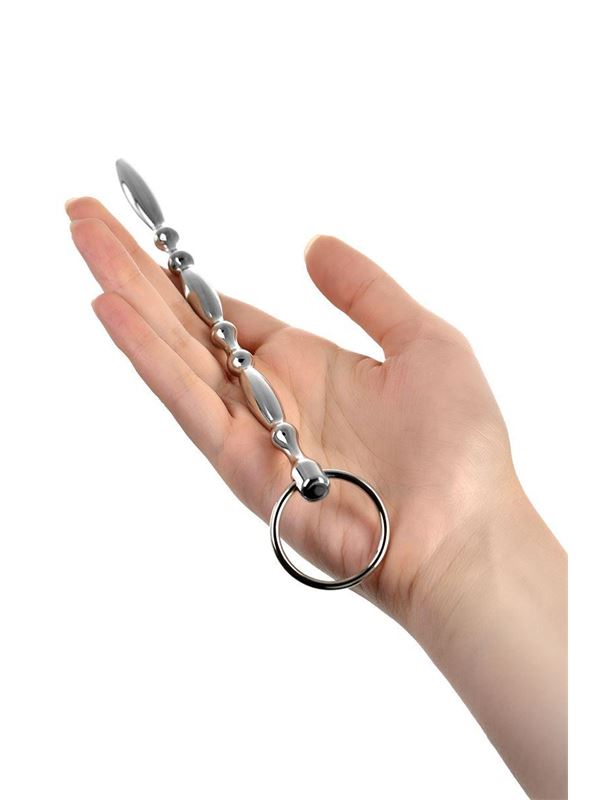 Серебристый фигурный уретральный плаг с кольцом в основании Metal (18 см)