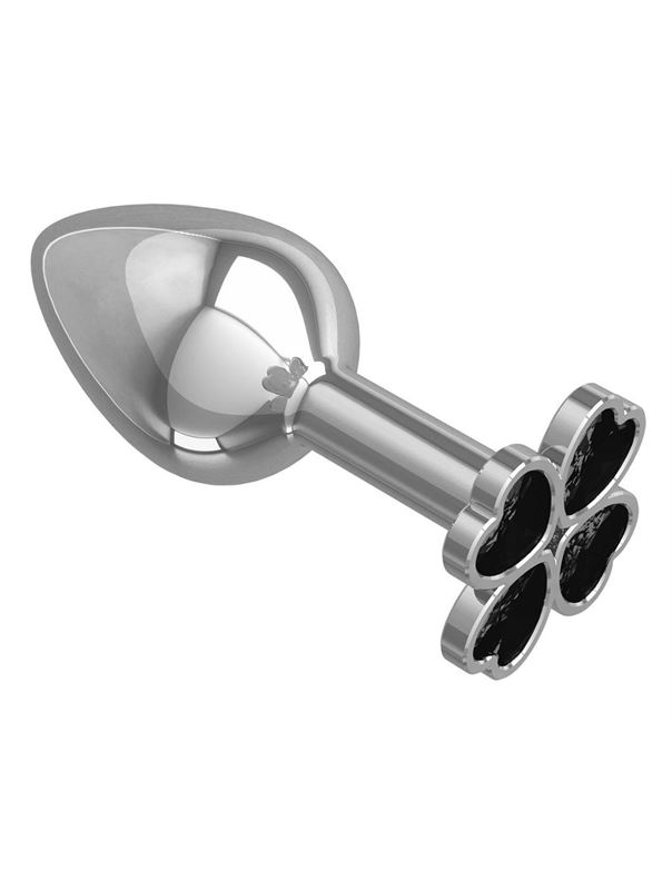 Серебристая анальная втулка с клевером из чёрных кристаллов (7 см)