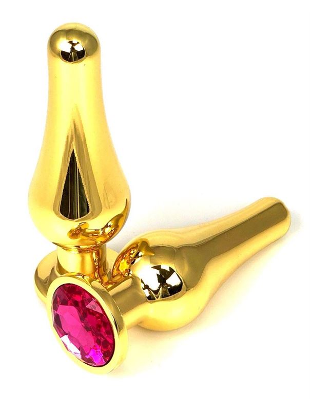 Золотистая удлиненная анальная пробка с розовым кристаллом (9 см)