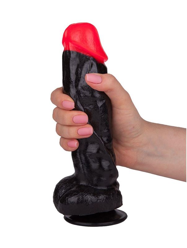 Чёрный фаллоимитатор с красной головкой (20 см)
