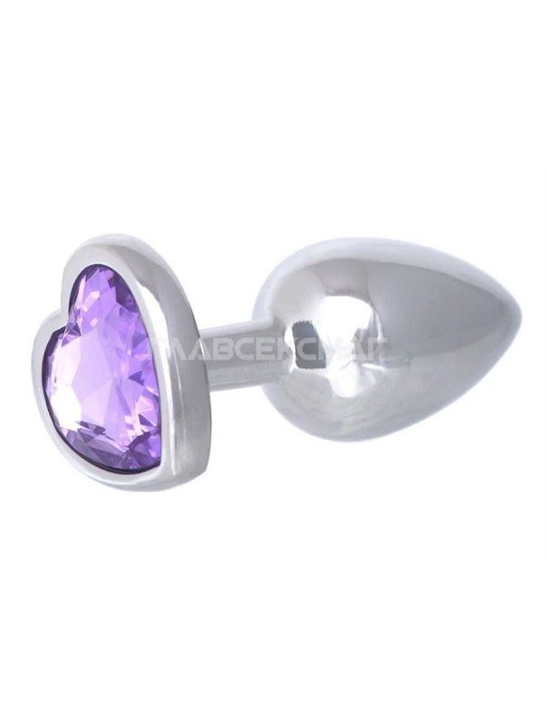 Серебристая анальная пробка с сиреневым кристаллом-сердцем (7 см)