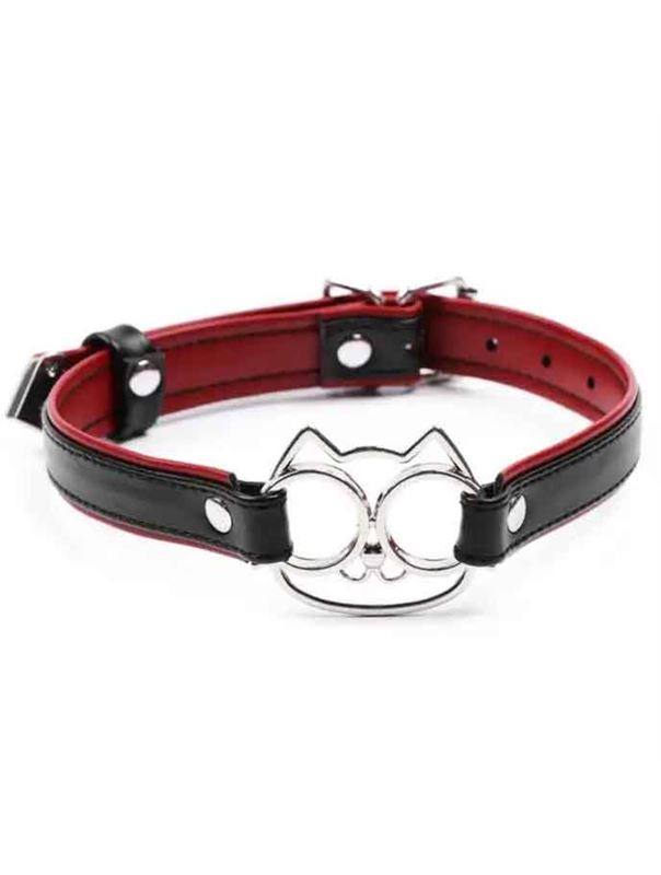 Черно-красный ошейник с мордочкой кошечки