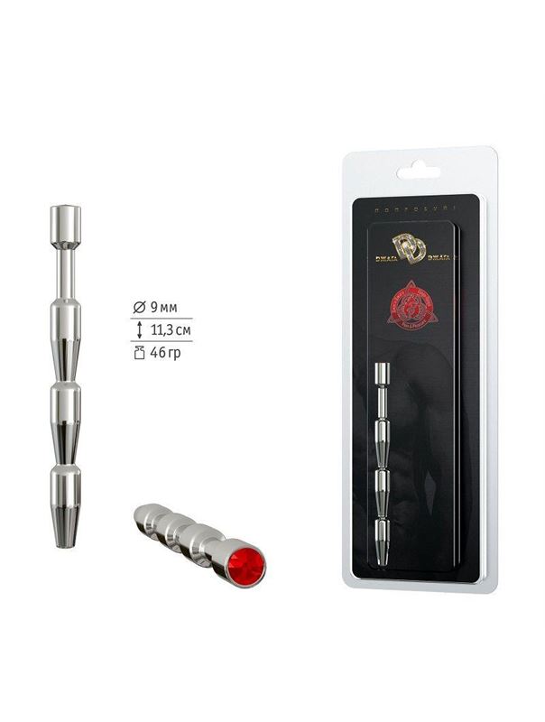 Серебристый уретральный плаг с красным кристаллом (11,3 см)