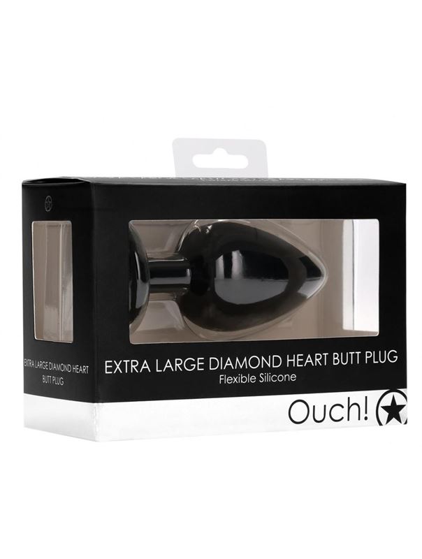 Черная анальная пробка с прозрачным стразом Extra Large Diamond Heart Butt Plug (9,5 см)