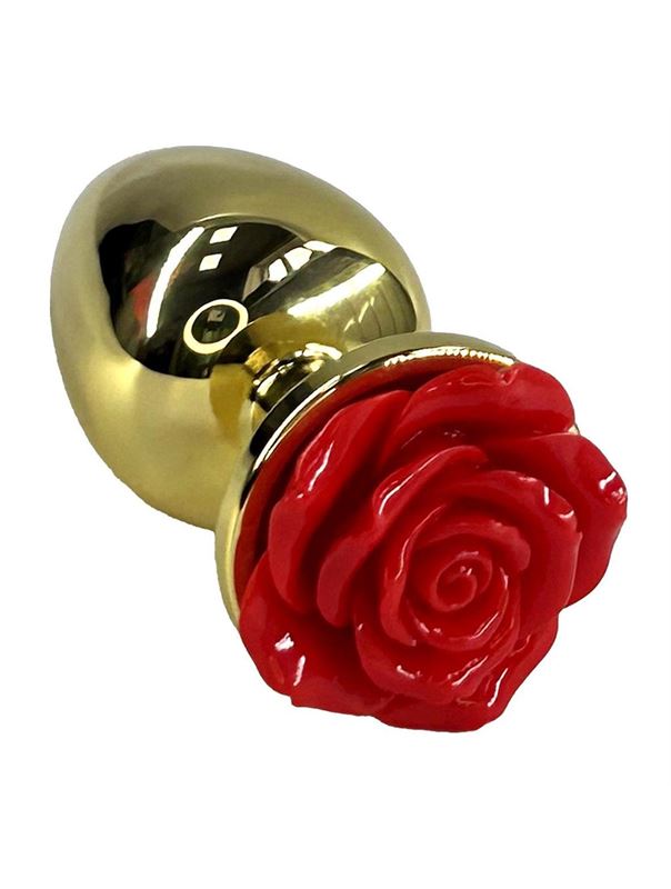 Золотистая анальная пробка с ограничителем в форме красной розы (10 см)