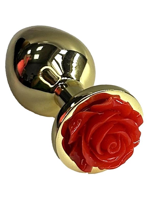 Золотистая анальная пробка с ограничителем в форме красной розы (9 см)