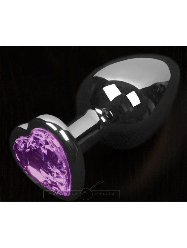 Серая анальная пробка с фиолетовым кристаллом в виде сердечка - 6 см.