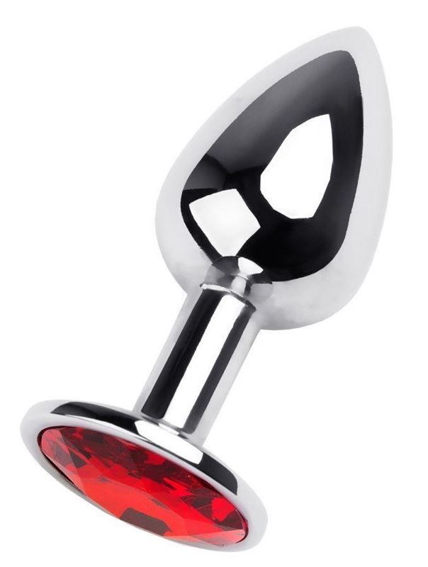 Маленькая коническая серебристая анальная пробка с красным кристаллом (7 см)