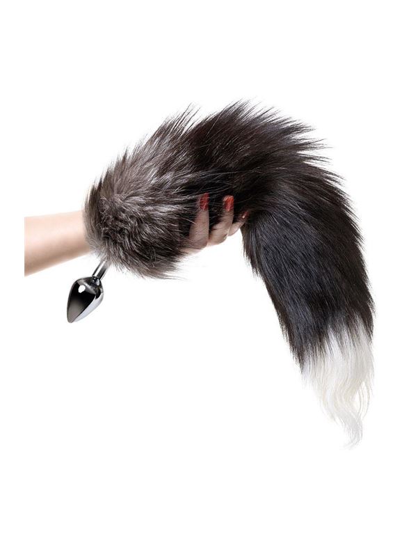 Серебристая металлическая анальная пробка с хвостом чернобурой лисы (размер S)
