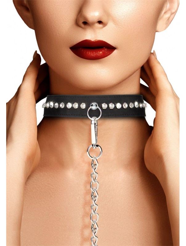Черный ошейник с поводком Diamond Studded Collar With Leash