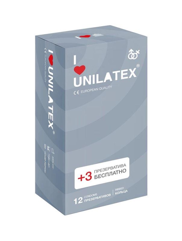 Презервативы с рёбрами Unilatex Ribbed - 12 шт. + 3 шт. в подарок