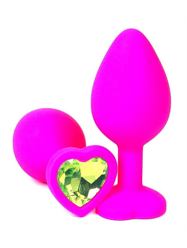 Розовая силиконовая пробка с лаймовым кристаллом-сердечком (8,5 см)