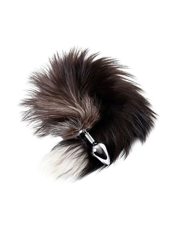 Серебристая металлическая анальная пробка с хвостом чернобурой лисы (размер S)