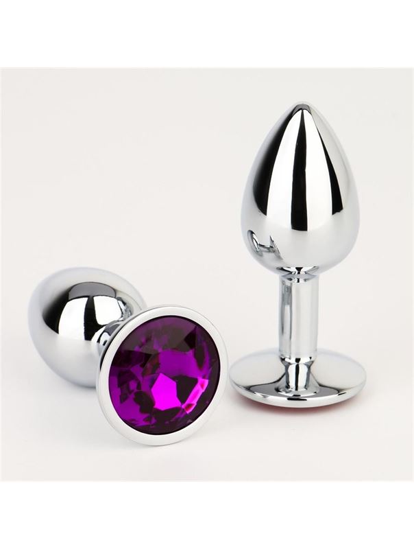 Серебристая анальная пробка с фиолетовым кристаллом (7 см)